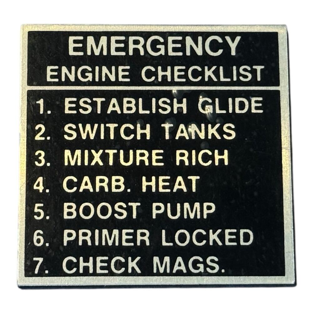 Aircraft Emergency Engine Checklist Placard Decal 3M Adhesive Backed Unused VTG